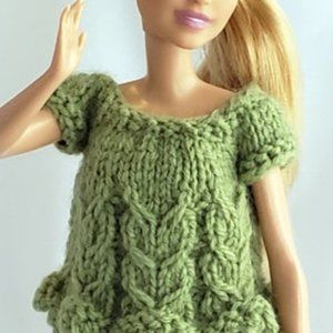Barbie Doll Size Sweater - Cables Green